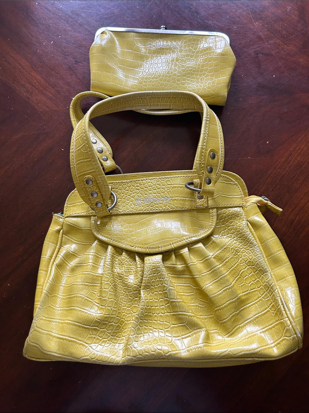 Billabong Yellow Croc-Embossed Shoulder Bag with Matching Clutch